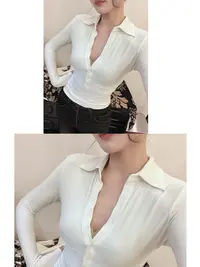 系扣修身衬衣弹力T