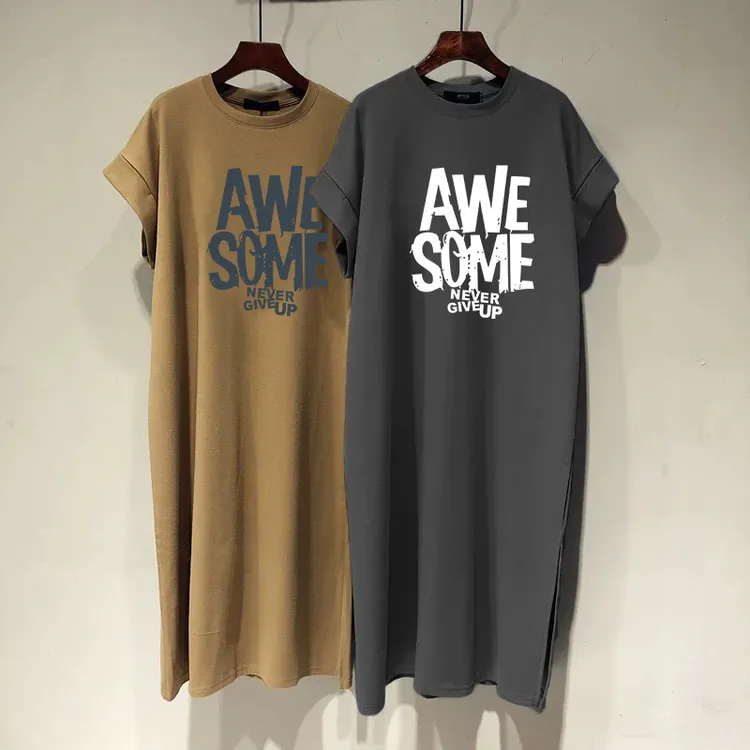 2025热卖开叉圆领短袖T恤长裙女可外穿宽松腰炭灰色过膝连衣裙潮