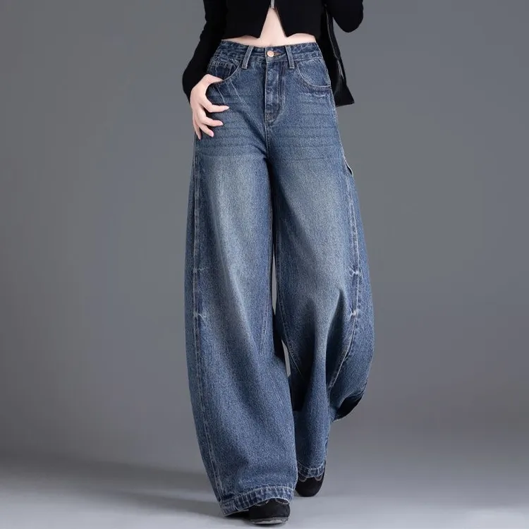 拼接阔腿牛仔裤女2026新款秋季裤子设计感直筒弯刀裤高腰显瘦裤子