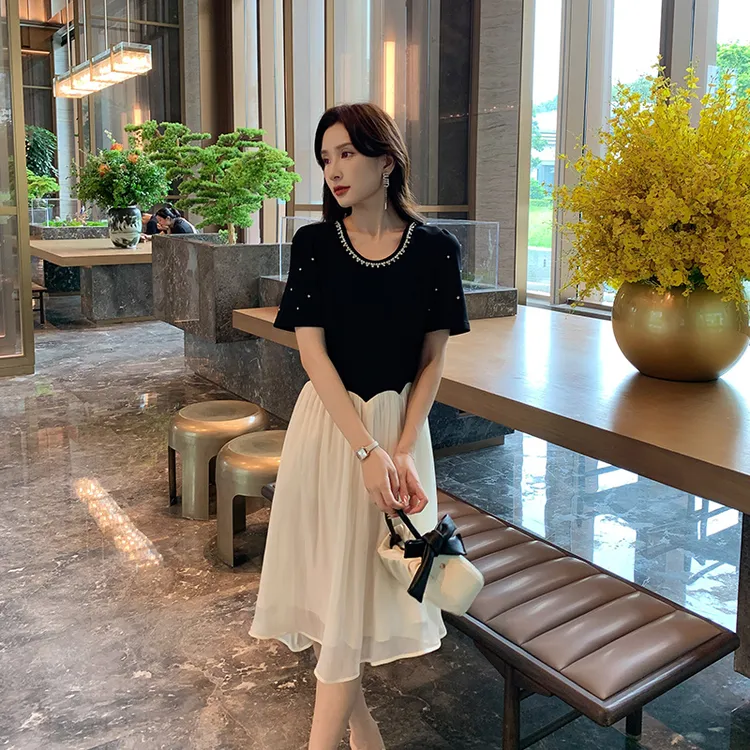 [奢姿轻奢系列]休闲钉钻连衣裙大码女装夏季新款胖妹妹假两件裙子