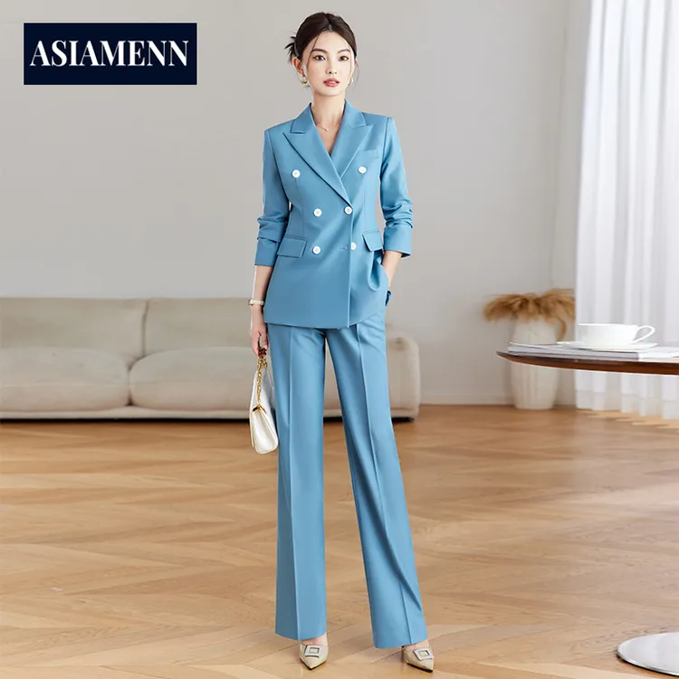 高级感孔雀蓝西装套装女士春秋季职场通勤高档西服主持人职业正装