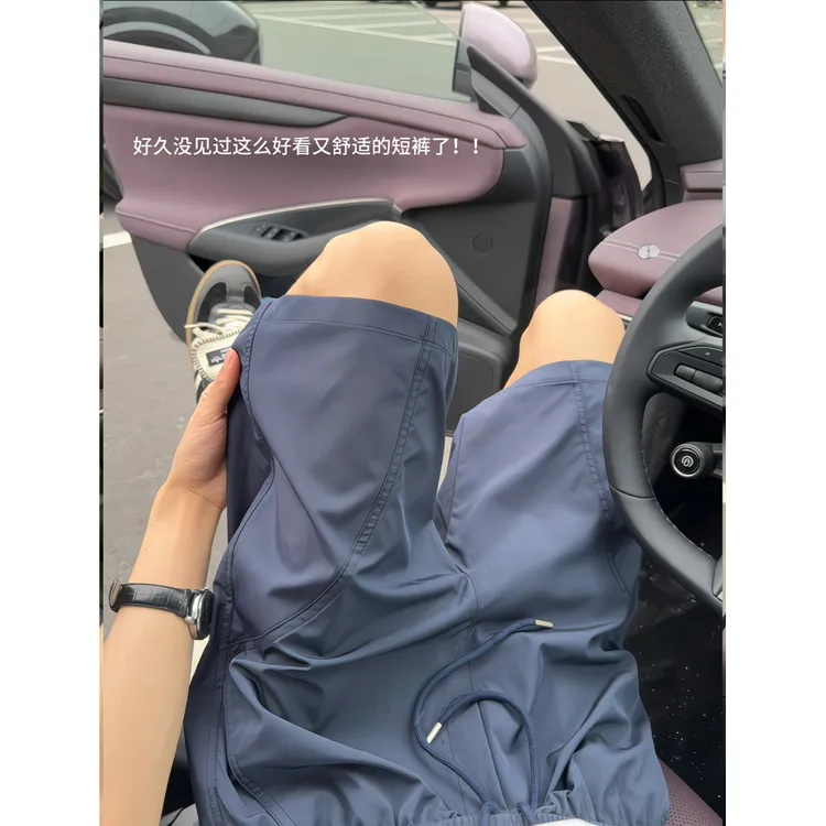 藏青色斜切工装短裤男夏季薄款抽绳冰丝速干五分裤痞帅休闲沙滩裤