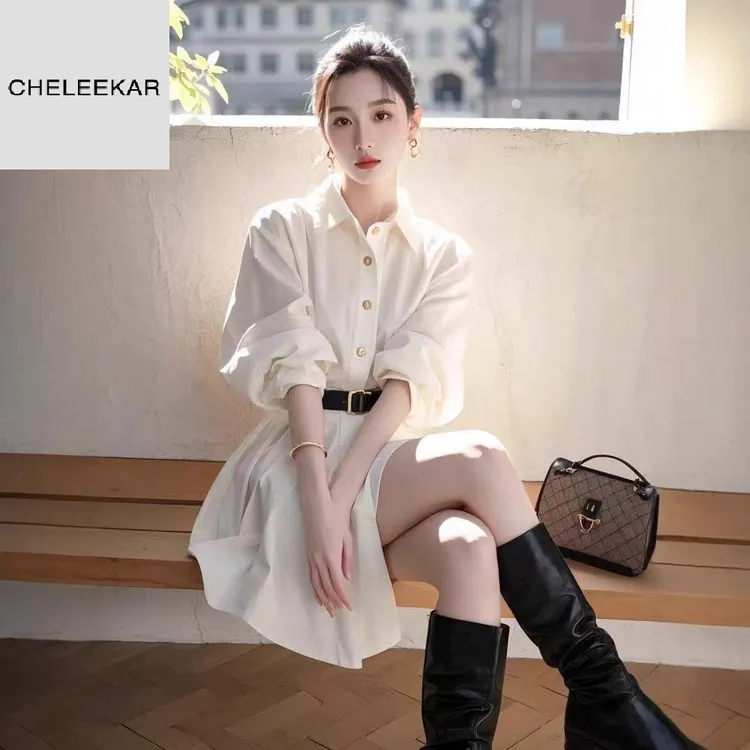CHELEEKAR款法式高级感小个子大方得体气质小香风白色衬衫连衣裙