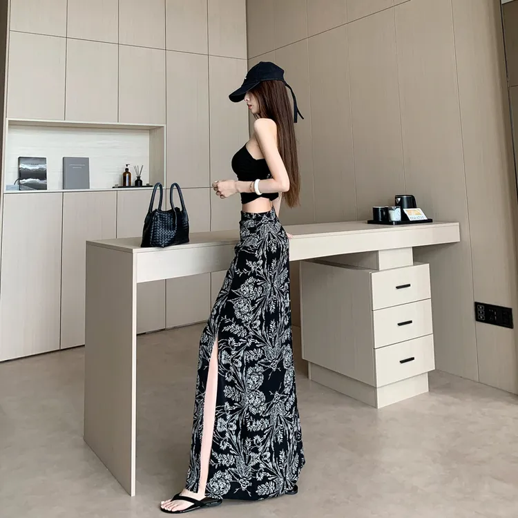 夏季法式少女心复古印花开叉半身裙高腰显瘦御姐气质a字裙长裙女