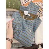 Q七言家韩单！新品#火爆爱心蓝咖条纹撞色长袖