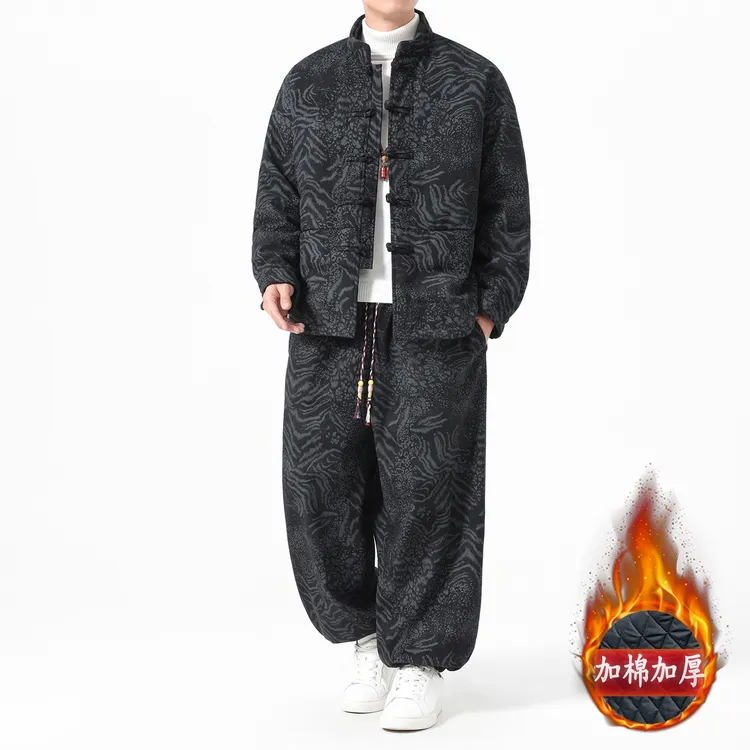 加厚棉服休闲套装男新中式灯芯绒冬季大码中老年爸爸装棉衣两件套