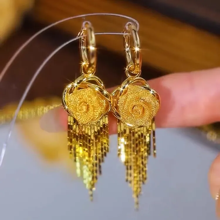 必佑 铜合金耳饰 新款金色长款流苏玫瑰花耳环气质优雅大方时尚商品图