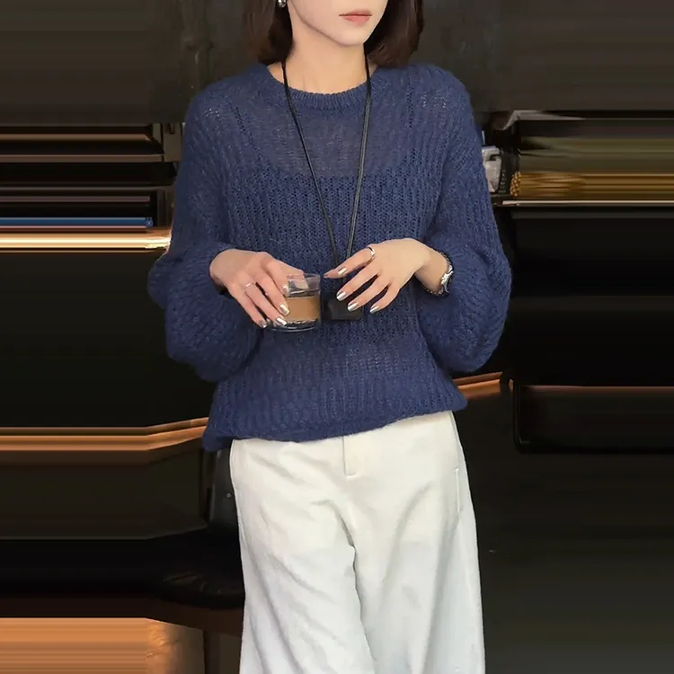慵懒风休闲女装春季新款镂空设计感圆领长袖毛衣宽松显瘦百搭上衣
