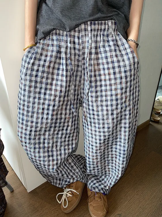 夏季2025新款复古慵懒百搭渐变色彩绘泡泡格子长裤直筒裤男休闲裤