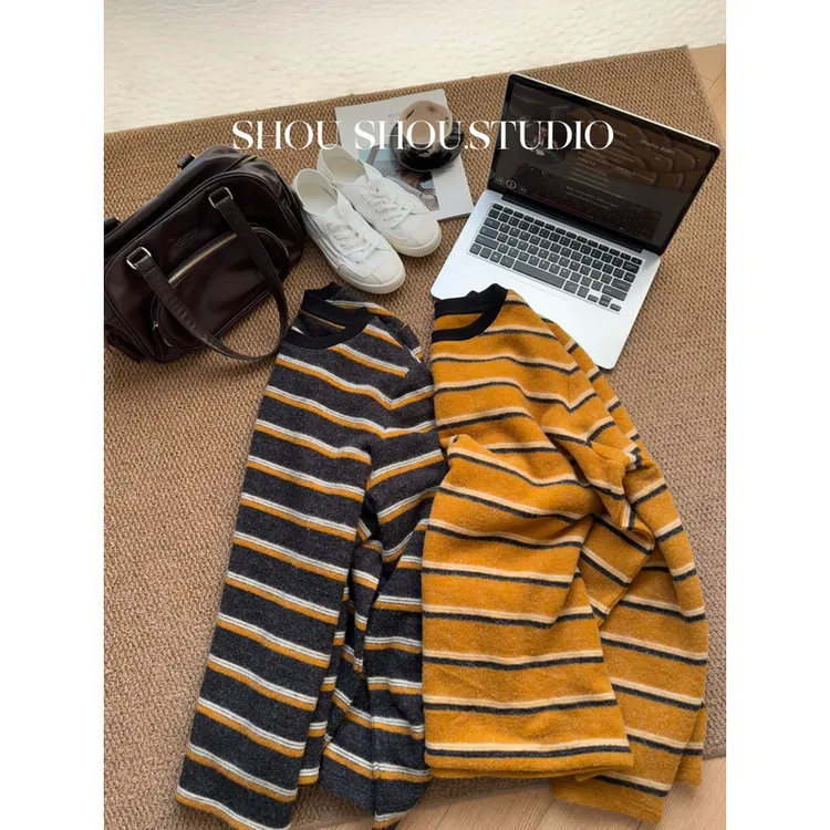 【FANFAN】大码秋冬圆领撞色加厚奥粒绒条纹显瘦宽松打底衫S02281