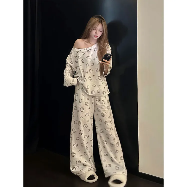韩系性感斜肩KittyT恤睡衣女秋冬季休闲长袖长裤可外穿家居服套装