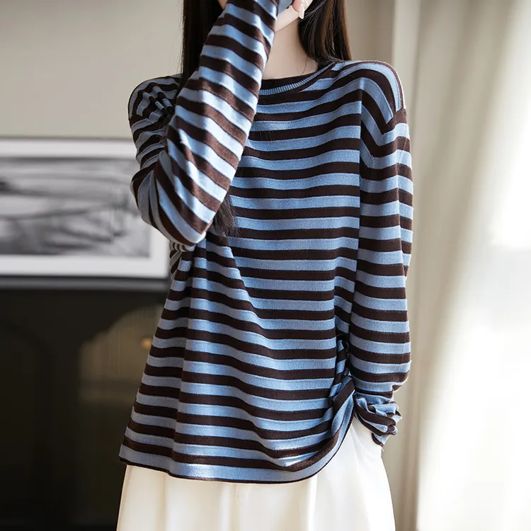 桑蚕丝圆领针织衫撞色条纹t恤长袖打底衫宽松2025春游春新上衣