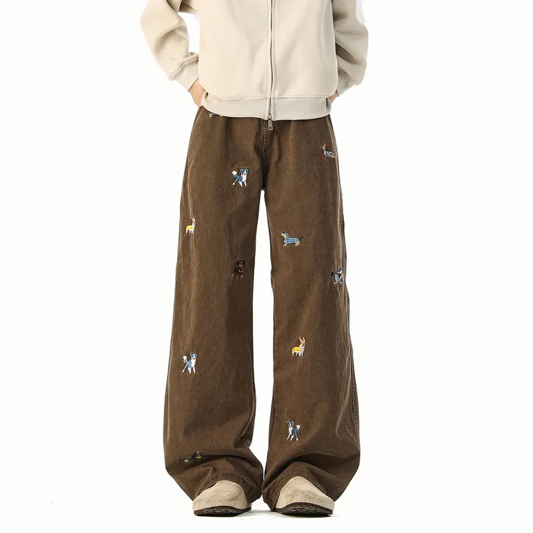 cuwu童趣小狗刺绣咖色牛仔裤女男秋季高腰宽松阔腿直筒裤显瘦裤子