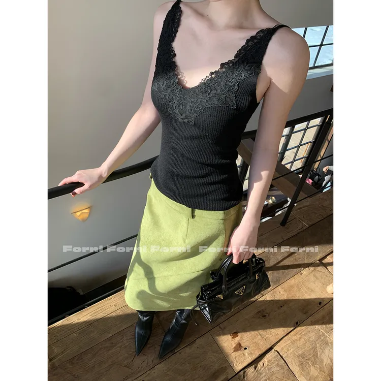 FORNI 目光收割机 拼接睫毛蕾丝针织吊带