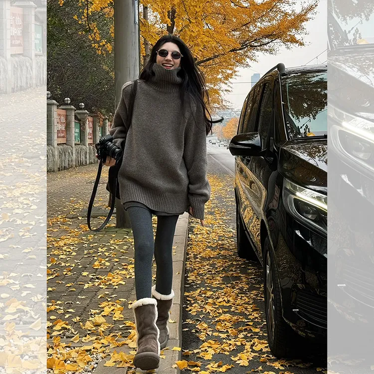 冬季高领套头毛衣女秋冬加厚外穿慵懒风宽松中长款遮屁股针织上衣