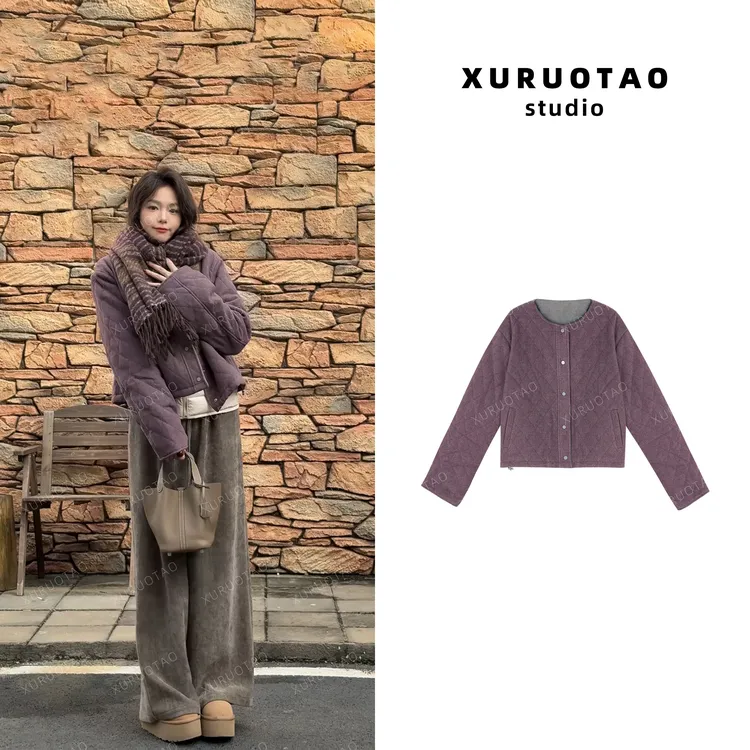 XURUOTAO【葡萄微甜】秋冬季百搭保暖时髦设计感紫色外套 T6083