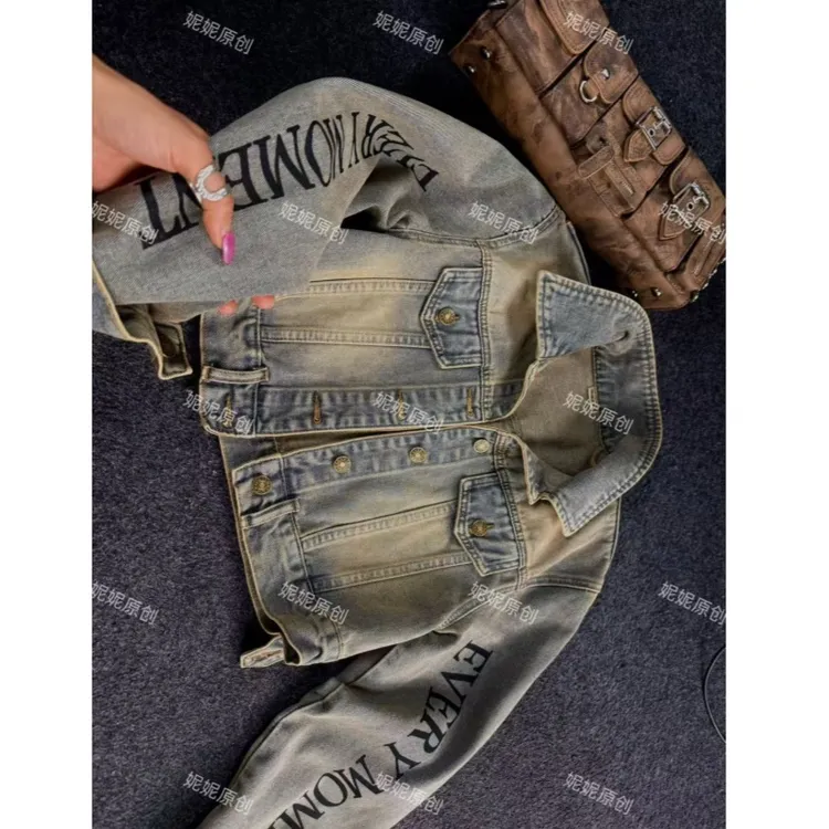 美式复古印花牛仔外套女春秋季薄荷曼波重工宽松显瘦夹克8703