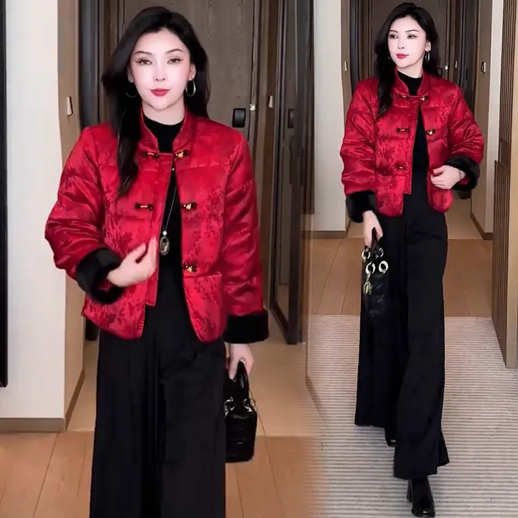 新中式国风盘扣短外套女今年冬季新款洋气加绒加厚提花棉袄上衣潮