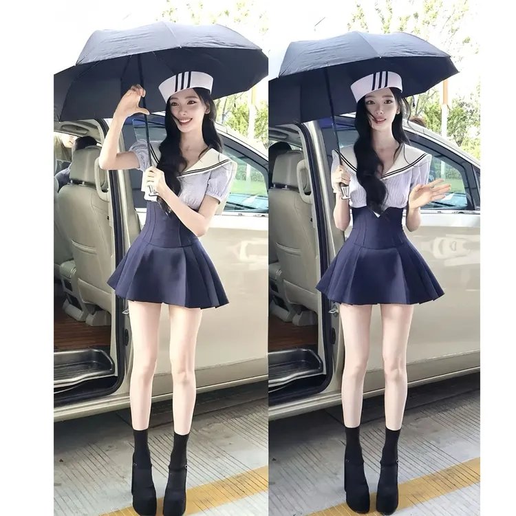 爱豆特别限定 夏季学院风约会甜美可爱风洋气条纹高腰水手领套装
