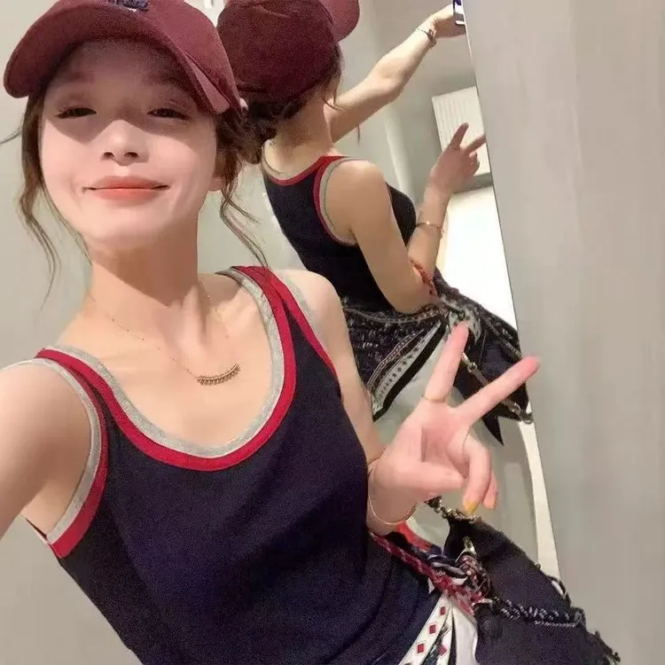 撞色拼接吊带背心女2025款时尚修身显瘦百搭无袖吊带打底内搭上衣