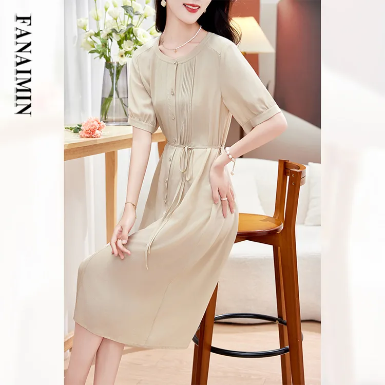 气质妈妈真丝连衣裙2025夏季新款高腰显瘦100%桑蚕丝轻奢长裙子女