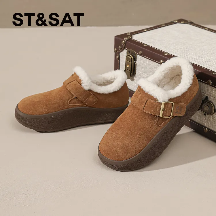 星期六加绒勃肯鞋女款2025新款冬季保暖短筒雪地靴搭扣毛毛棉鞋女