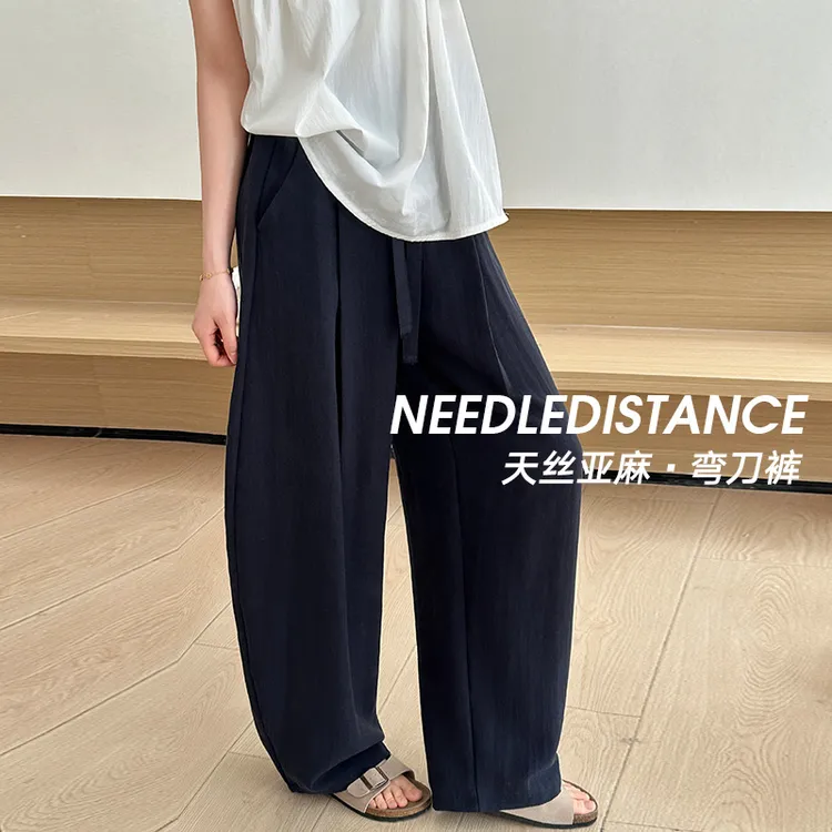 天丝亚麻弯刀裤女2025夏季新款抽绳松紧显瘦垂感小个子百搭休闲裤