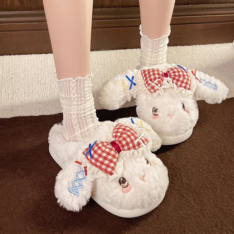 网红爆款蝴蝶结兔子棉拖鞋女秋冬新款可爱少女心百搭毛毛拖鞋