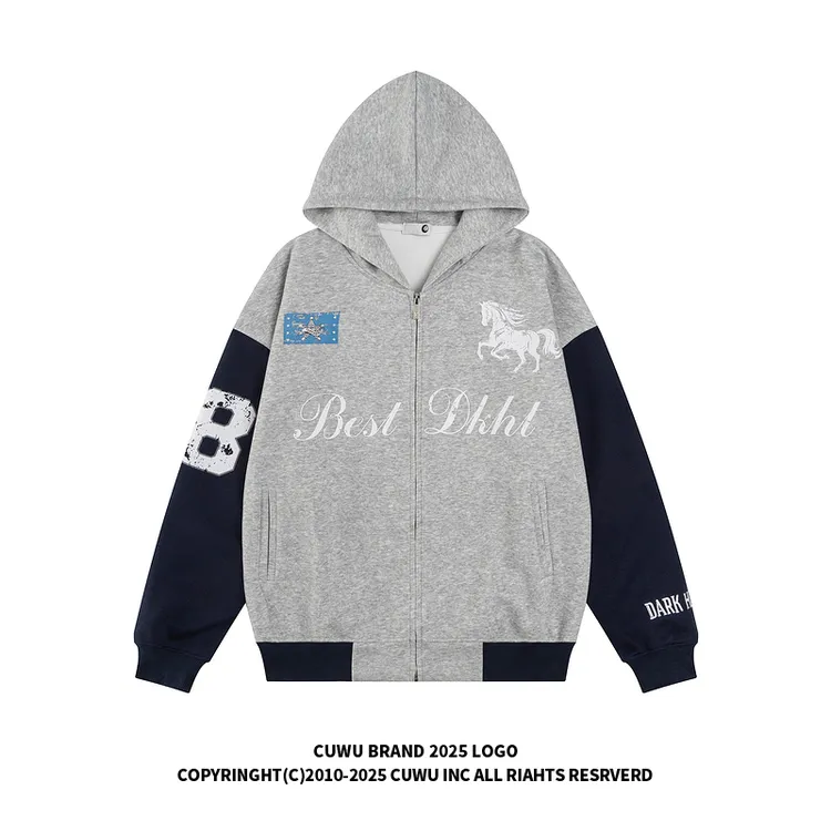 cuwu美式街头黑马印花运动开衫连帽卫衣女男秋季慵懒宽松休闲外套