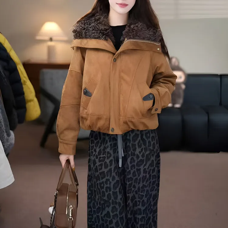 韩版大毛领工装外套上衣女短款2025年秋冬季新款宽松加厚短外套潮