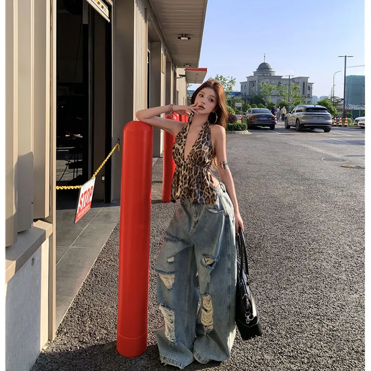 2025夏季新款挂脖露背亮片背心性感上衣街头辣妹宽松破洞牛仔裤潮