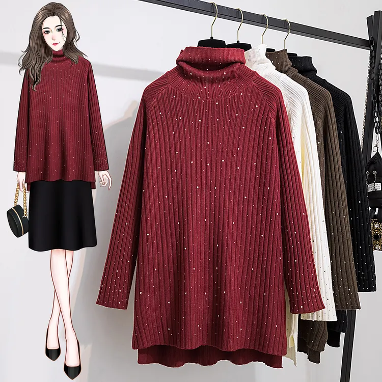 胖mm重工烫钻长款高领毛衣女秋冬季加厚遮屁股洋气堆堆领上衣