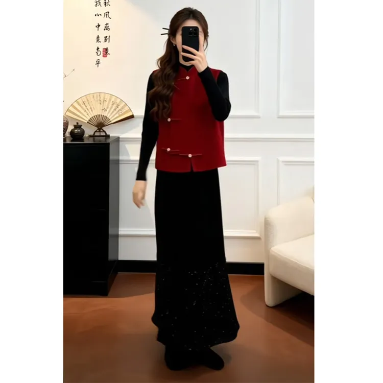 欧洲站新中式国风套装红色系穿搭2025秋冬高级感马甲半身裙三件套