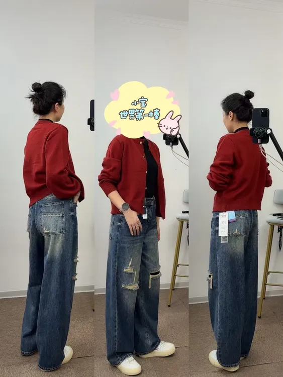 【狗蛋妈】弯刀牛仔裤设计感街头风女破洞轻熟风休闲高腰秋季7802