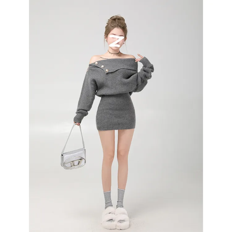 小香风气质性感一字肩针织连衣裙女秋冬包臀毛衣裙高级感收腰裙子