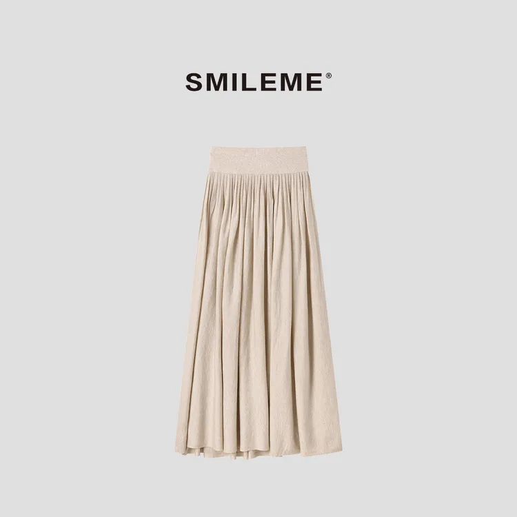 3-SMILEME【风漪】羊毛混纺简约垂感褶皱高腰半身裙R5378001