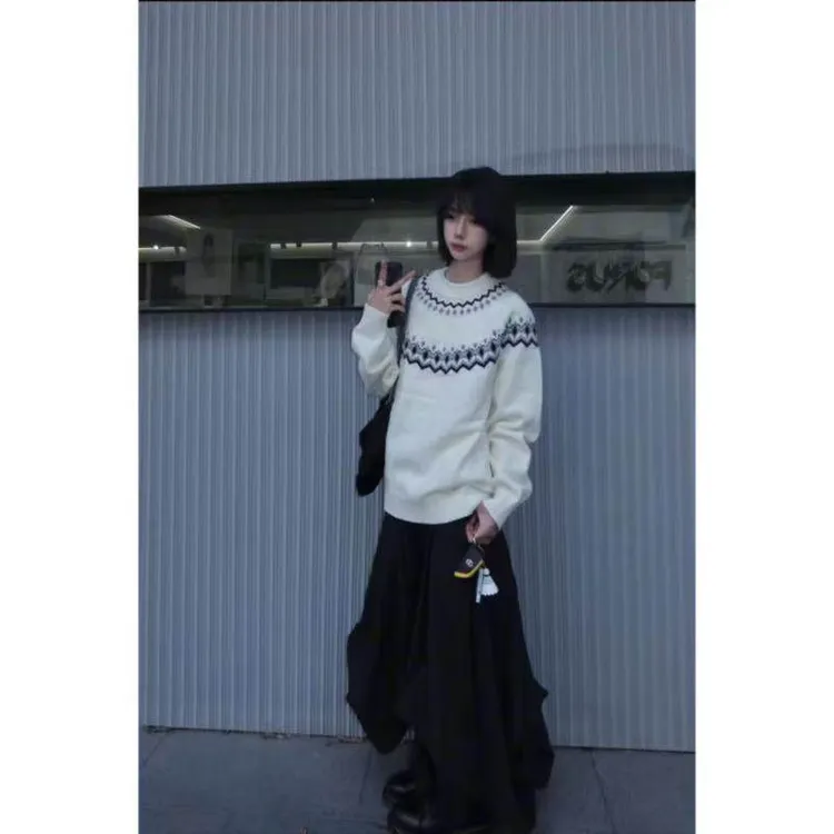 3色费尔岛绞花针织圆领套头男女情侣毛衣秋冬宽松时尚休闲