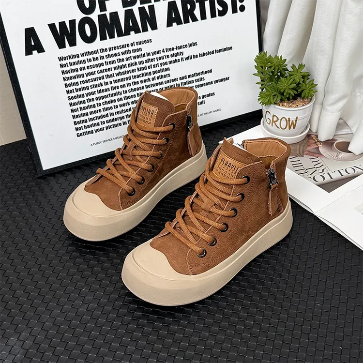 头层牛皮秋季高帮鞋女2025新款厚底显脚小复古休闲软底百搭短靴