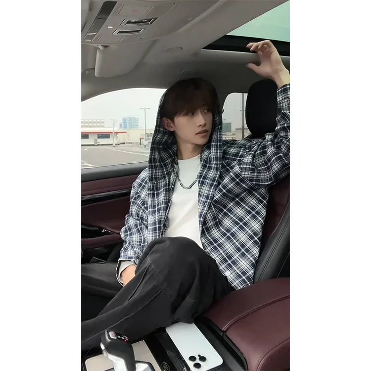 美式潮牌格纹连帽衬衫长袖男秋季vintage高级感复古宽松痞帅外套