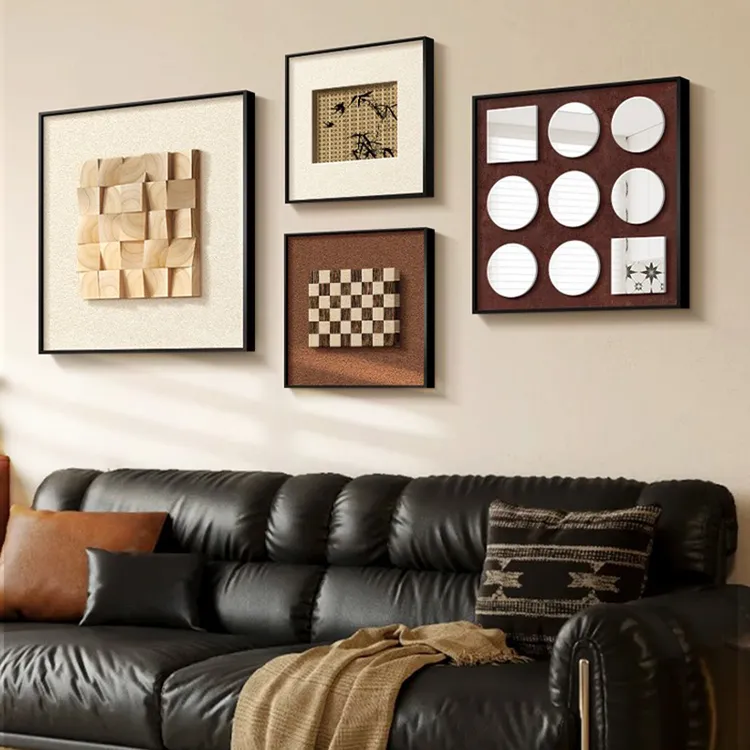 法式复古奶油风客厅装饰画立体砂岩沙发背景墙壁画中古挂画高级感