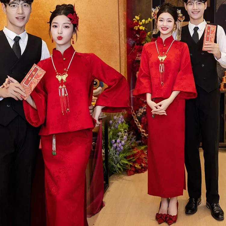 大码新中式敬酒服旗袍套装红色新娘订婚礼服裙女出阁宴回门服春季