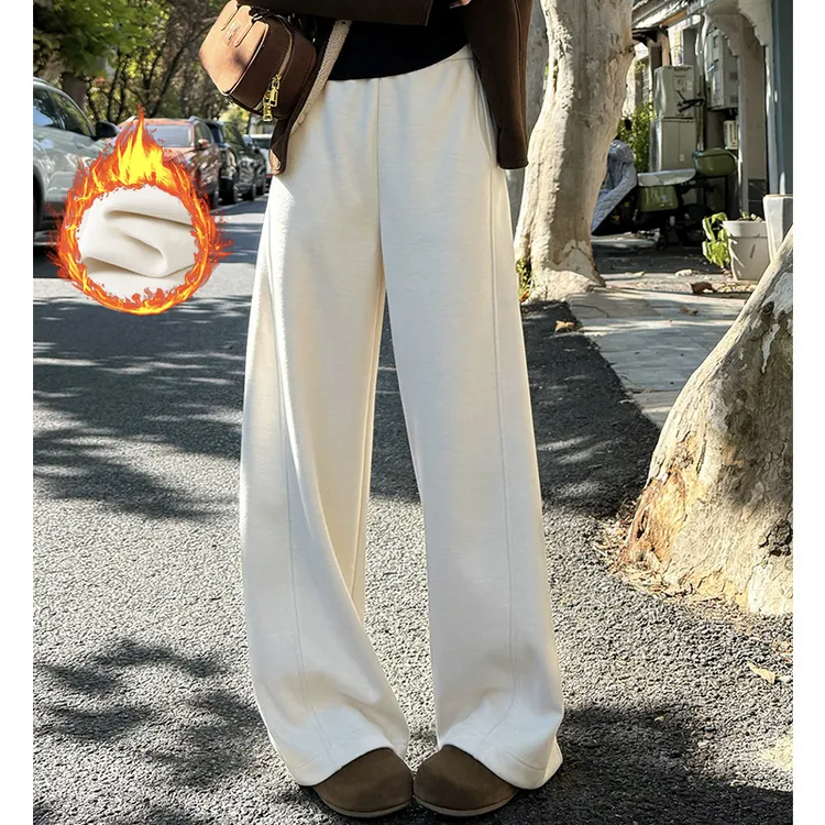 米白色加绒加厚休闲弯刀裤女秋冬新款高腰宽松显瘦垂感糯米阔腿裤