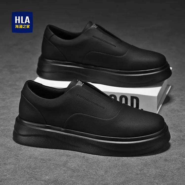 海澜之家板鞋男冬季英伦商务上班加绒棉鞋一脚蹬运动休闲黑色皮鞋