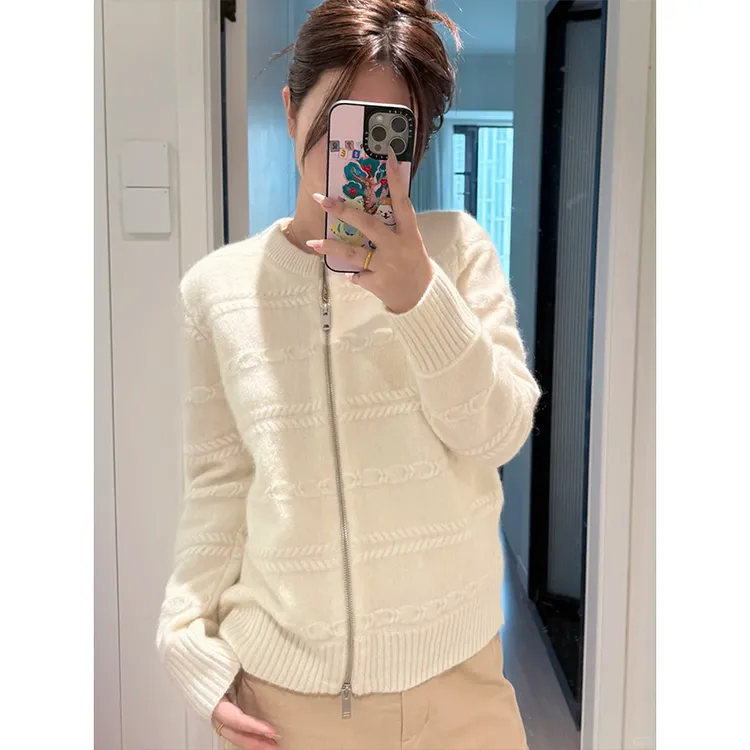韩系软糯超好看白色针织毛衣外套女秋季新款慵懒长袖拉链开衫上衣