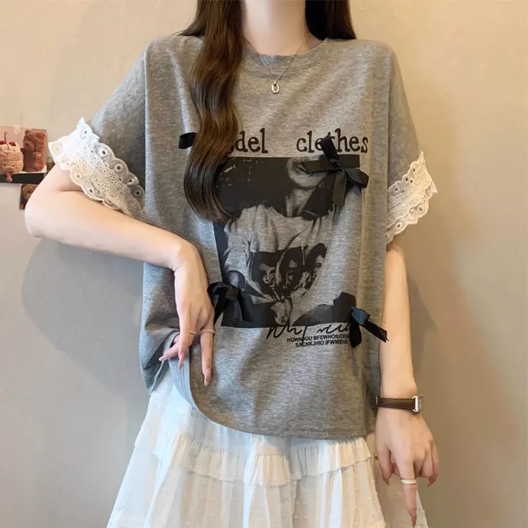 蝴蝶结蕾丝短袖t恤女夏季宽松大码女装韩版宽松显瘦遮肚子上衣潮