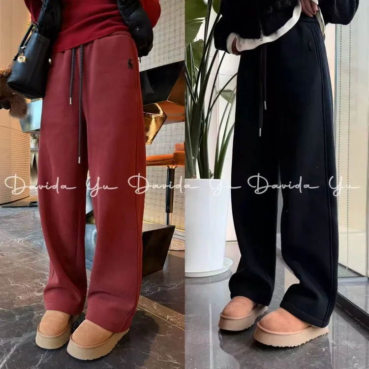Davida Yu【小马直筒】红色休闲裤加绒保暖百搭显瘦直筒裤 L桂55765