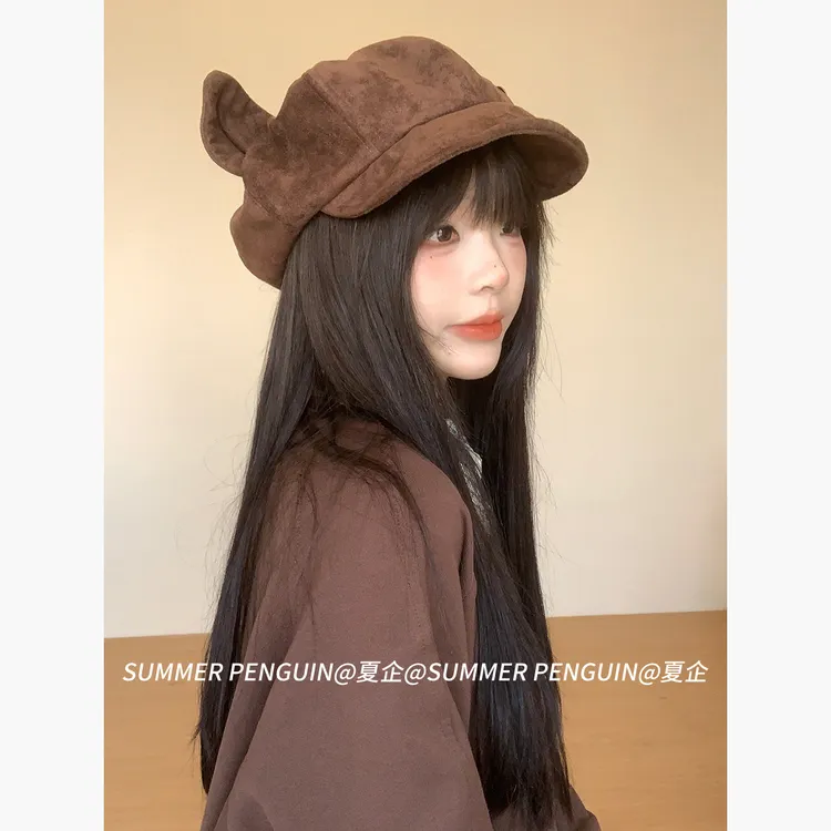 SUMMER PENGUIN复古麂皮绒猫耳朵贝雷帽女秋冬季显脸小画家帽帽子