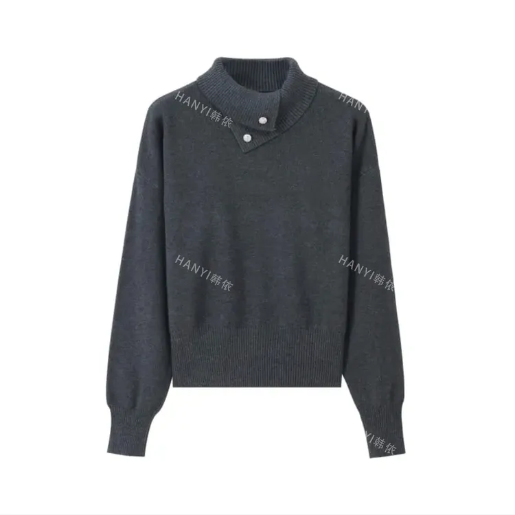 不规则翻领针织衫女通勤款宽松立领套头加厚针织衫韩版慵懒风上衣