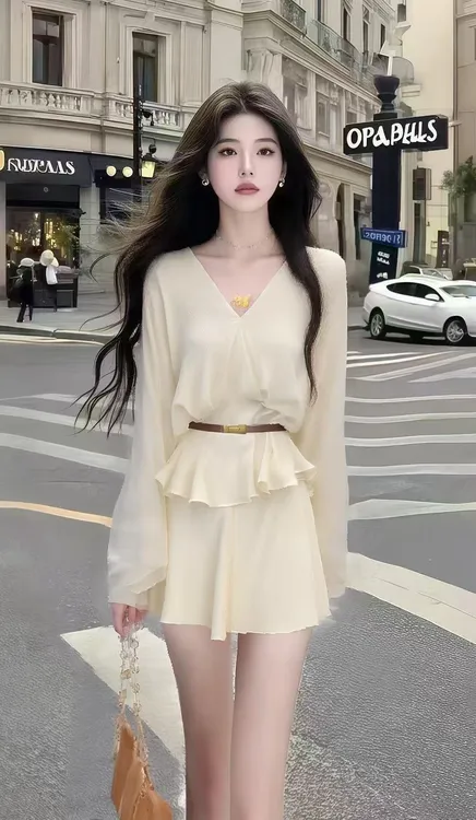 轻奢新款时尚休闲风黄色V领长袖收腰设计感连衣裙女气质显瘦女装