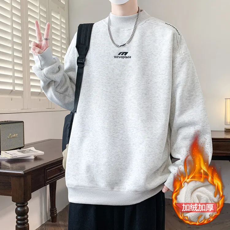 半高领卫衣男冬季重磅加绒加厚套头衫男士简约刺绣青少年长袖上衣